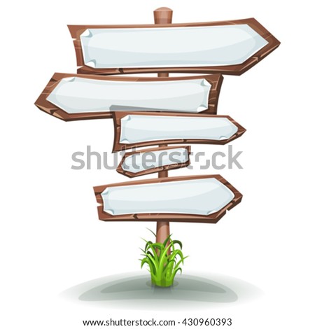 Wood Road Signs Arrows With Blank Paper Signs/
Illustration of a cartoon wooden stake, with road and transportation arrows and white empty paper signs for advertisement messages or game ui menu design