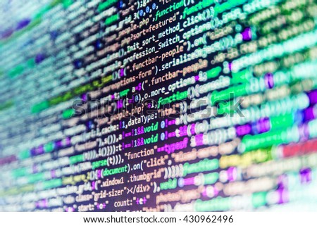 Programming code. Developer working on websites codes in office. Programmer occupation. Programmer workplace. Programming code abstract screen of software developer. 

