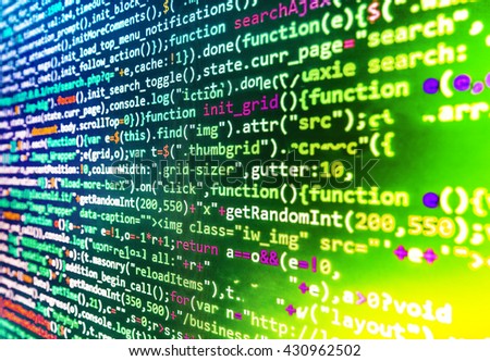  Website codes on computer monitor. Software source code. Programmer workplace. Computer program. Software background. Website development. Computer script.   Web site codes on computer monitor. 
