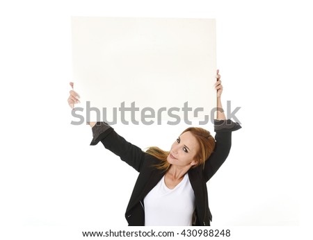 advertising business portrait of attractive blond businesswoman holding blank billboard with copy space smiling happy and confident isolated on white background