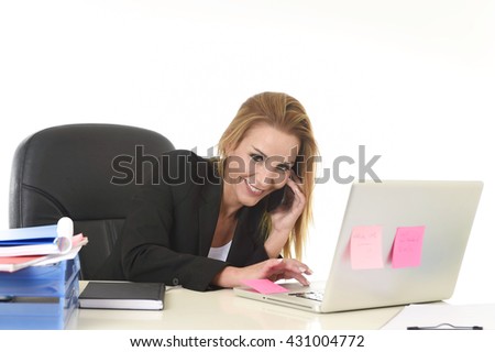 beautiful blond businesswoman working at office laptop computer desk talking on mobile phone smiling happy and confident in communication concept isolated on white background