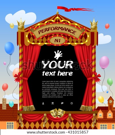 Puppet show booth with theater masks, red curtain, illuminated signboards with city view and colorful balloons in the sky.  Vector illustration