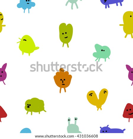 Seamless pattern with cartoon smiley monsters. Different fluffy monsters characters on white background.