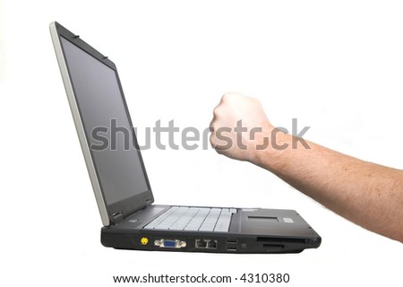 Notebook - Laptop isolated on white with angry fist over keyboard