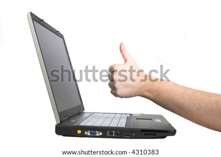 Notebook - Laptop isolated on white with hand showing OK sign over keyboard