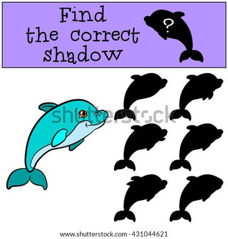 Children games: Find the correct shadow. Cute little baby dolphin swims and smiles.