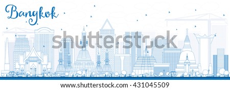 Outline Bangkok Skyline with Blue Landmarks. Vector Illustration. Business Travel and Tourism Concept with Bangkok City. Image for Presentation Banner Placard and Web Site.