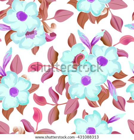  seamless pattern displaying bold flowers. Elegance Seamless background with of flowers. Floral  illustration. Blue flowers, violet leaves on white background.