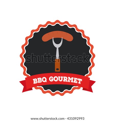 Isolated label with a ribbon with text and a fork with a sausage icon