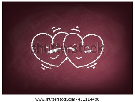Love Concept, Illustration of Two Cute Hearts on Chalkboard Background.