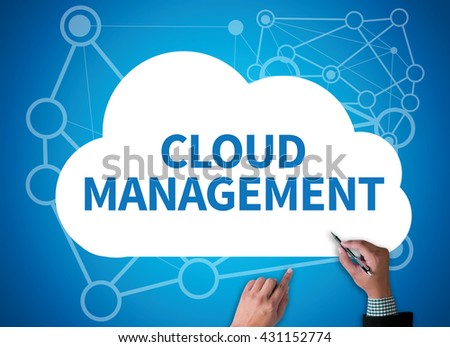 CLOUD MANAGEMENT businessman work on white broad, top view