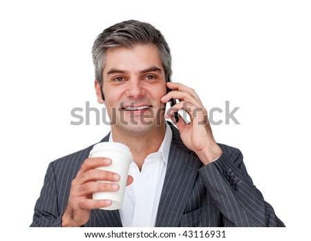 Confident Businessman on phone while drinking a coffee against a white background