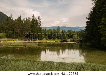 Views of Lake Dobbiaco , Toblacher See , Hochpustertal , Bolzano , Trentino Alto Adige , Italy