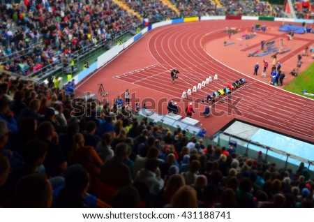 Start of the sprint on the stadium. Nice sport wallpaper for olympic game in Rio.  Royalty-Free Stock Photo #431188741