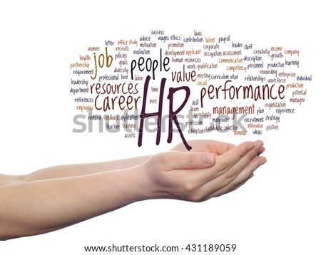 Concept conceptual hr or human resources management abstract word cloud in hand isolated on background, metaphor to workplace, development, career, success, hiring, competence, goal, corporate or job