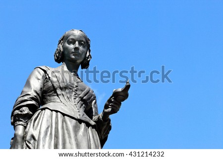 Victorian memorial statue of Florence Nightingale 1820-1910 an English nurse known as the Lady With The lamp, who cared for wounded soldiers in the Crimean War Royalty-Free Stock Photo #431214232