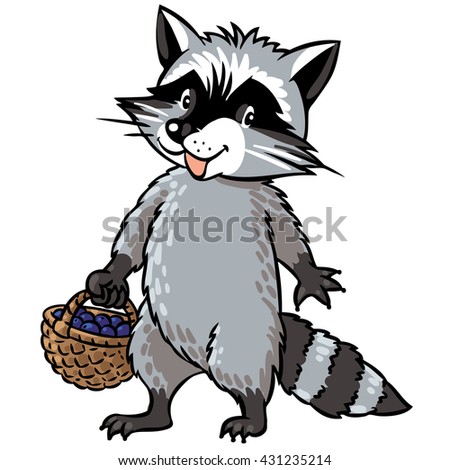 Children vector illustration of funny raccoon with basket of berries.