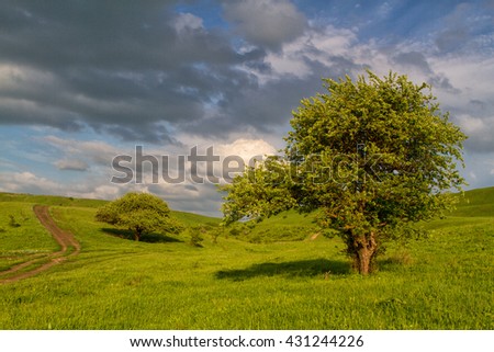Spring landscape with Russian Caucasus green mountains