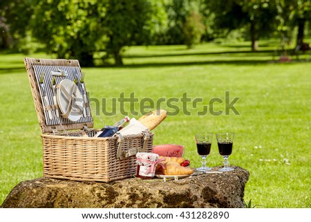 Fitted stylish wicker picnic hamper with red wine in wineglasses, jam and fresh bread on a rock in a sunny lush green park with copy space