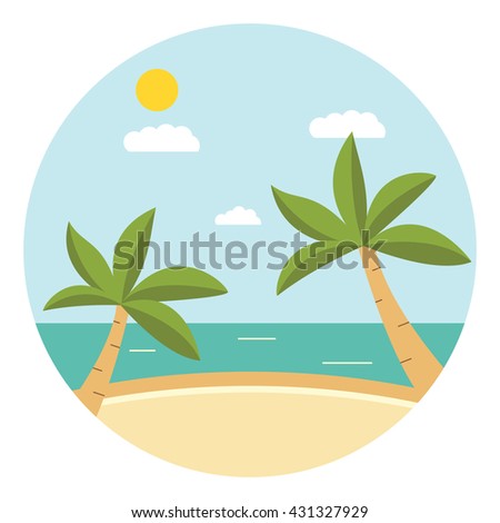 Vector flat an illustration with the image of the sea and beach with palm trees. .Tropical Sea Landscape.Summer relaxation poster and flyer