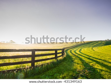 Horse Fence Snakes its Way Over the Hill in rural Kentucky Royalty-Free Stock Photo #431349163