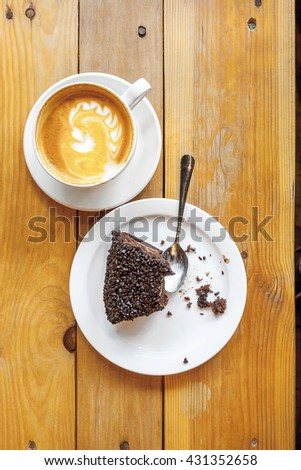 picture cup of coffee and chocolate cake on a wooden table