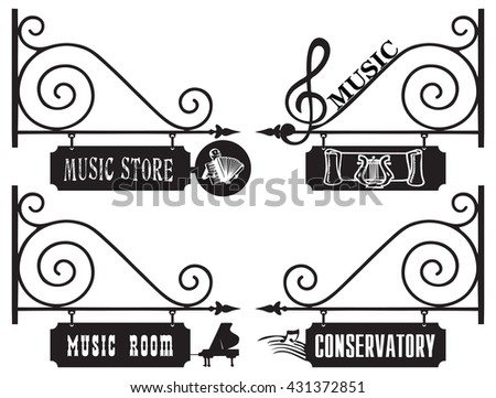 Creative street signs for the music room, the shop sells musical instruments and notes, conservatory.