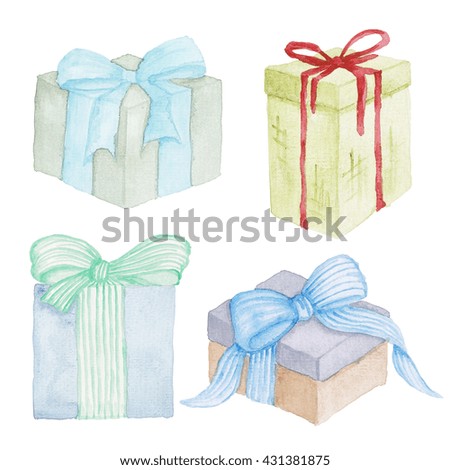 Gift Box Birthday Ribbon Watercolor Hand-painted Clip Art Isolated on the white
