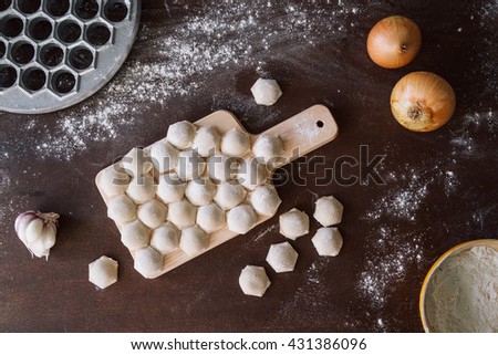 Top view ready tasty raviolis or dumplings filled with minced meat on flour on wooden board