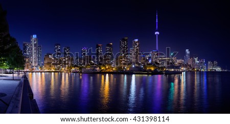 Panoramic presentation of Toronto's skyline from Harbourfront. 
Toronto, Ontario, Canada.