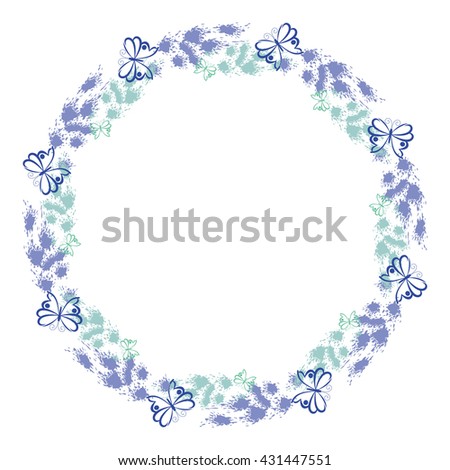 Abstract round frame with ink blots, stains and contours of butterflies. Vector clip art.
