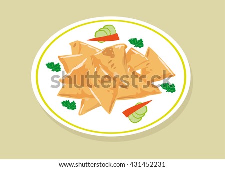 Samosa food is a popular fried dish in South East Asia, India, Mediterranean, Africa, Pakistan and Middle East or Arab World especially during Ramadan. Editable Clip Art.