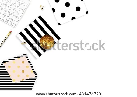 Table view office items, white background mock up, woman desk. Flat lay. Envelope