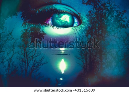 Halloween horror night on blue background. Double exposure portrait of eye combined with silhouette of spooky forest with moon and river. the moon taken with my own camera, no NASA images used.