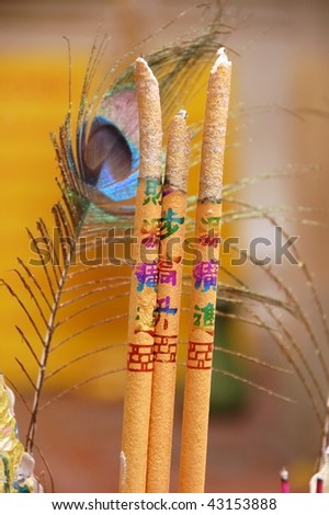 A picture of Thai scent sticks burning with a peacock feather.
