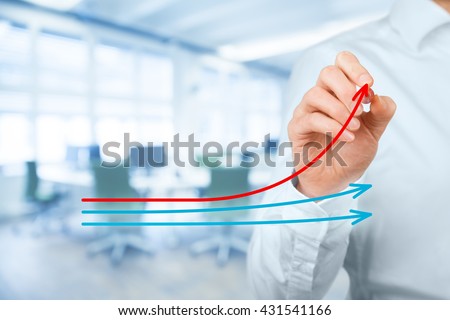 Benchmarking and market leader concept. Manager (businessman, coach, leadership) draw graph with three lines, one of them represent the best company in competition.
 Royalty-Free Stock Photo #431541166