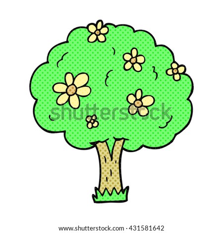 freehand drawn cartoon tree with flowers