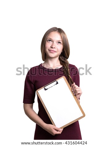 Thoughtful young woman with blank clipboard isolated on white background. Mock up