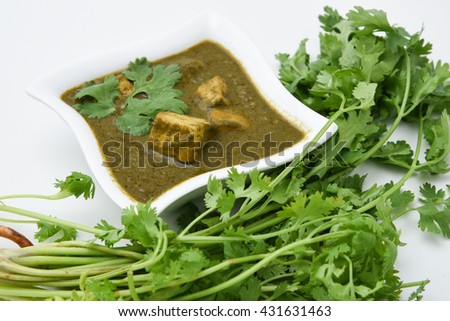 palak paneer curry Mumbai North India with parsley green leaf. Indian green gravy food to eat with roti or chapati 