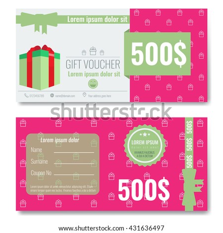 Gift voucher template design with clean, trendy, modern outline gift box pattern and flat color style ribbon bow. Vector illustration with flat color design style