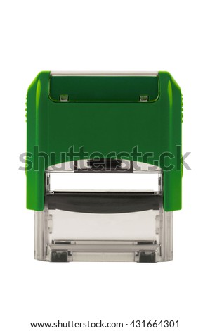 Hand rectangular automatic stamp, a brilliant green color. Isolated on white background.
