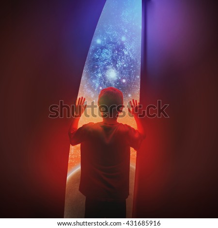 A space boy is looking out a window with stars and a galaxy planet for a exploration or science concept. Royalty-Free Stock Photo #431685916