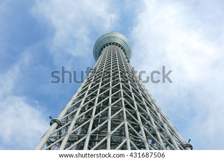 A part of Japan Tokyo skytree tower building with blue sky Royalty-Free Stock Photo #431687506