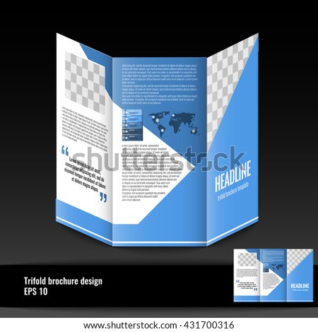 Trifold brochure design. Business brochure template with world map infographic element. Stock vector.