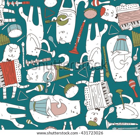 Seamless pattern with musician cats and music instruments in bright colors. Cats are playing on drum, accordion, tube, guitar. Vector handdrawn illustration, cute. Kind child cartoon for kids products