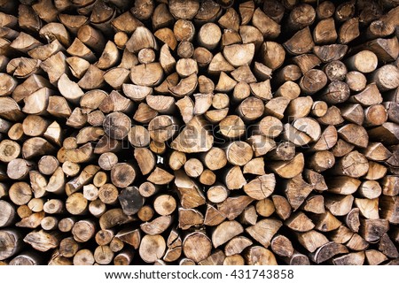 Background of wooden logs. Year rings. Pile wood. Deforestation theme. Wood industry. Chopped wood. Woodpile scene. Royalty-Free Stock Photo #431743858