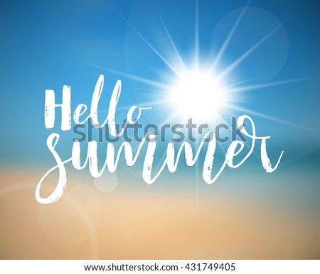 Vector Summer holiday poster with hot summer sun, abstract beach in the background and lettering Hello Summer