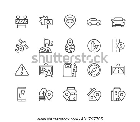Simple Set of Navigation Related Vector Line Icons. 
Contains such Icons as Road Works, Navigator, Direction, POI and more.
Editable Stroke. 48x48 Pixel Perfect. 