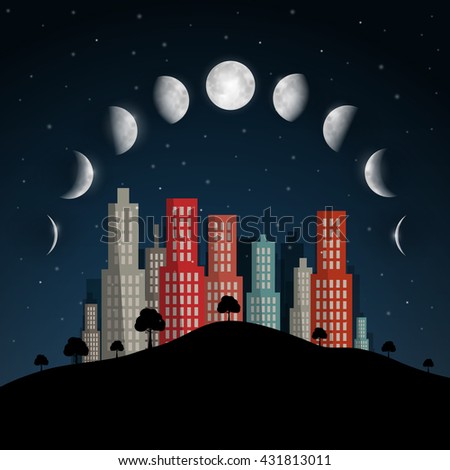 Moon Phases Vector Illustration. Night Abstract City.