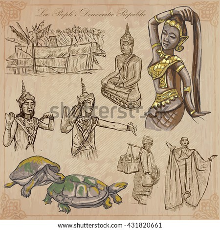 Travel collection.LAOS traveling set.Pictures of Life,Lao People's Democratic Republic.Hand drawn colored vector pack,freehand sketching.Illustrations are editable.All things are named inside the file